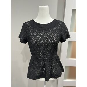 French Connection Black Lace Peplum Top Short Sleeve Zipper Back Women's Size S‎